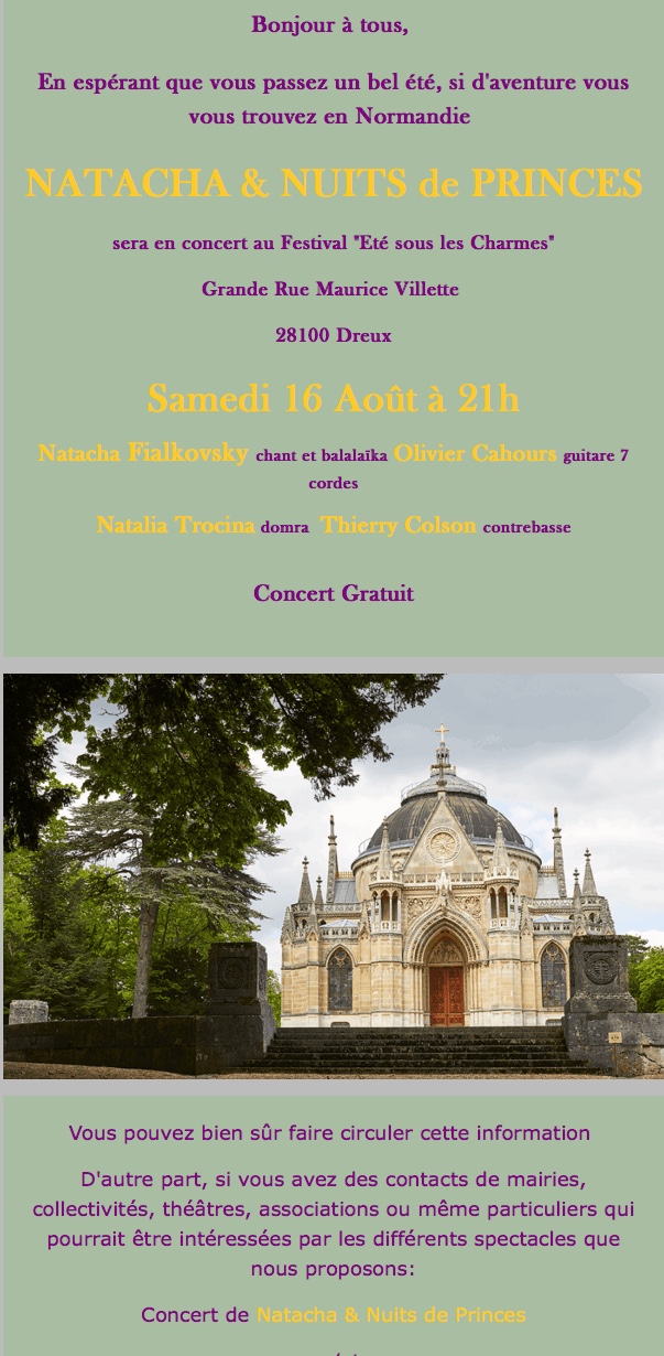 Affiche. Normandie. Festival « Eté sous les Charmes » Concert de Natacha & Nuits de Princes. 2025-08-16